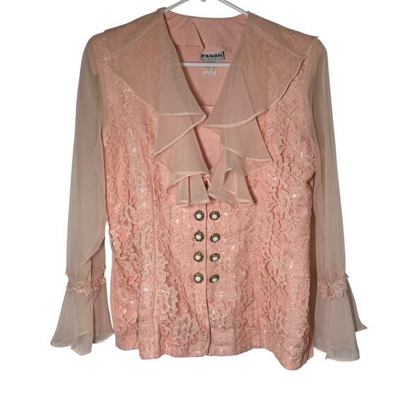 Vintage Tops - Vintage Blouse Women Medium Blush Pink Lace Ruffle Collar Pearl Button Victorian